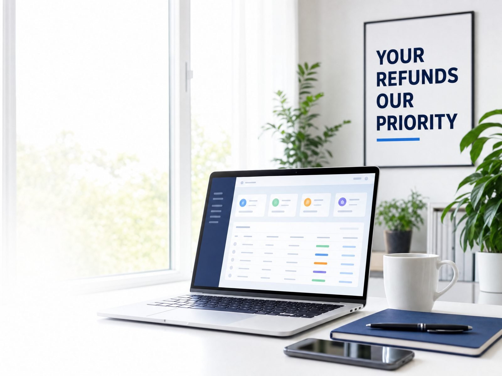 A laptop on a desk showing the refund tracking dashboard